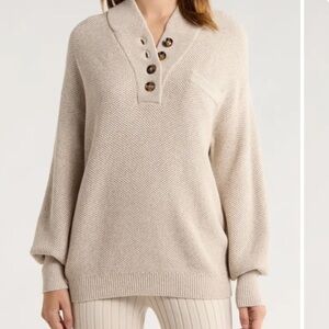 Lunya Cozy Cotton Silk Pocket Henley Sweater Tan Oat L/XL